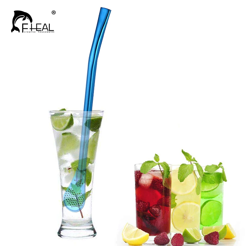 

FHEAL Multicolour Stainless Steel Drinking Straws Tea Strainer Colorful Cocktail Shaker Coffee Filtered Spoons Bar Accessories