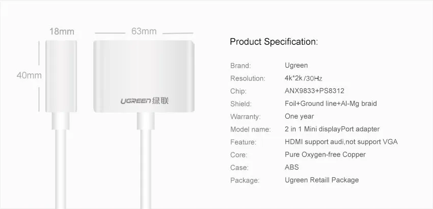 Ugreen 2 в 1 Thunderbolt 1/2 Mini DP к HDMI VGA кабель адаптер Mini DisplayPort к HDMI VGA конвертер для Apple MacBook Air Pro