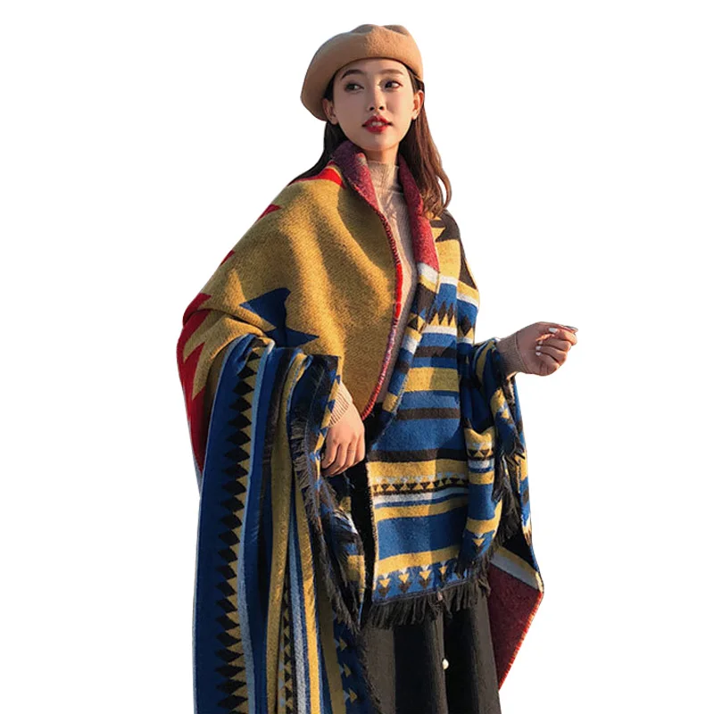 

2019 New Geometric Women Wool Poncho Wrap Oversized Travel Blanket Thick Warm Pashmina Cashmere Shawl Winter Scarves For Women