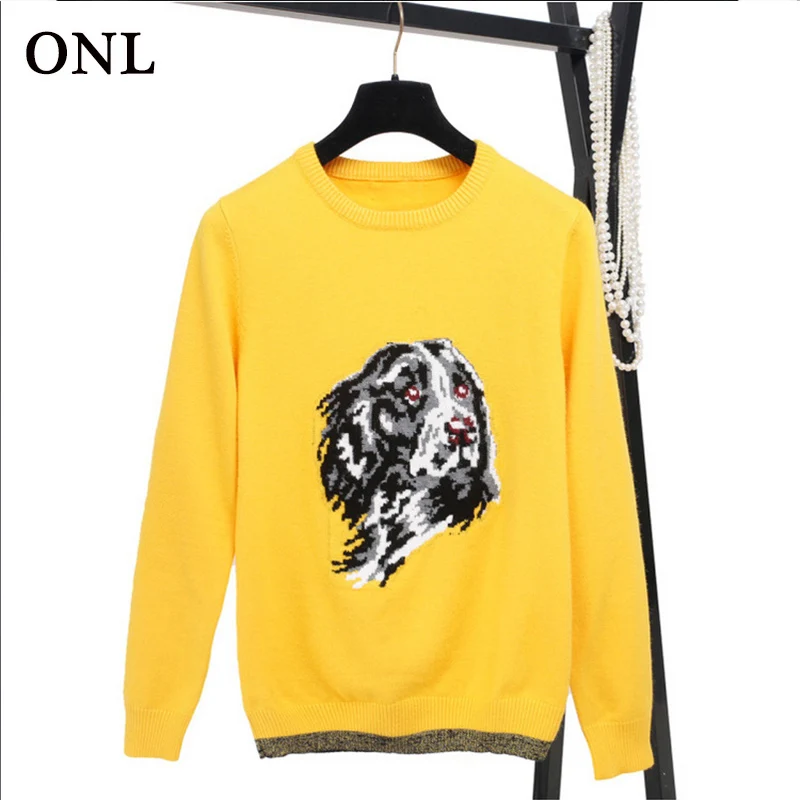 OLN Casual Women Sweaters Dog Printed Female Pullover Yellow Women