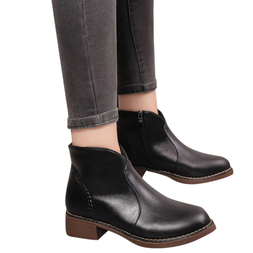 

Women Fashion Solid rain boots women short Leather Middle Zipper Thick Martin Boots Round Toe Shoes #g10