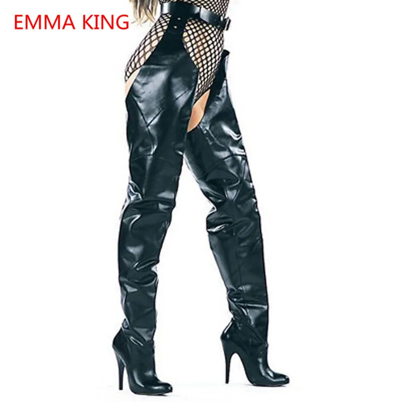 

Black Leather Women Belt Long Boots Sexy Pointed Toe Sling High Heels Pumps Autumn Winter Fashion Women Thigh High Boots Shoes