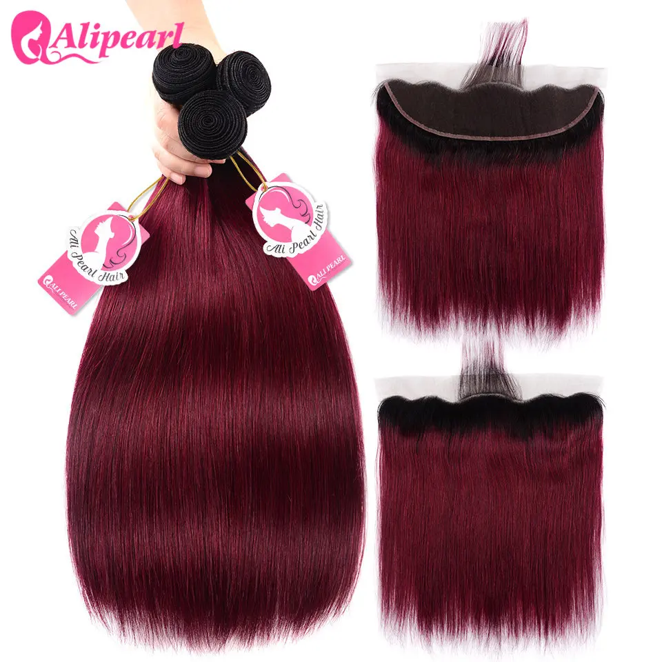 

Ali Pearl 1B/Burgundy Ombre Bundles With Frontal Brazilian Straight Human Hair Weave 3 Bundles With Frontal Closure Remy Hair