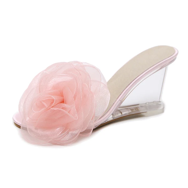Брендовые женские шлепанцы; Летняя обувь на высоком каблуке; Muels; Уличная обувь на танкетке; обувь на платформе с цветочным принтом; женские вечерние шлепанцы - Цвет: Pink