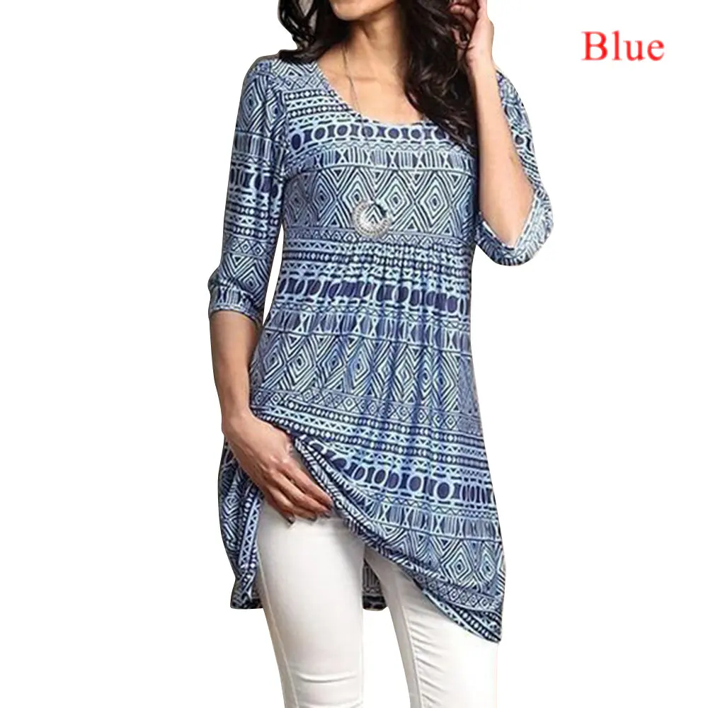Женские блузки размера плюс, модная богемная туника с цветочным принтом, короткий рукав, винтажная Повседневная футболка с длинным рукавом, женская одежда - Цвет: BLUE