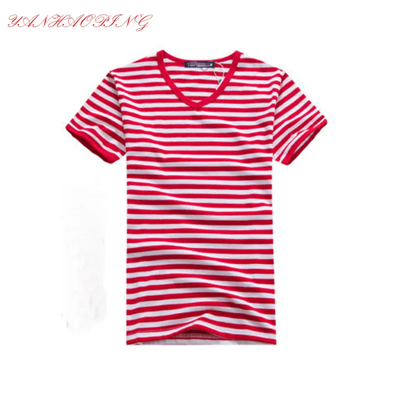 

Summer Men's Stripe Short Sleeve T Shirt Fashion Male V-neck Casual Tees Cotton T-Shirts For Man Brand Blue Black Red WS271