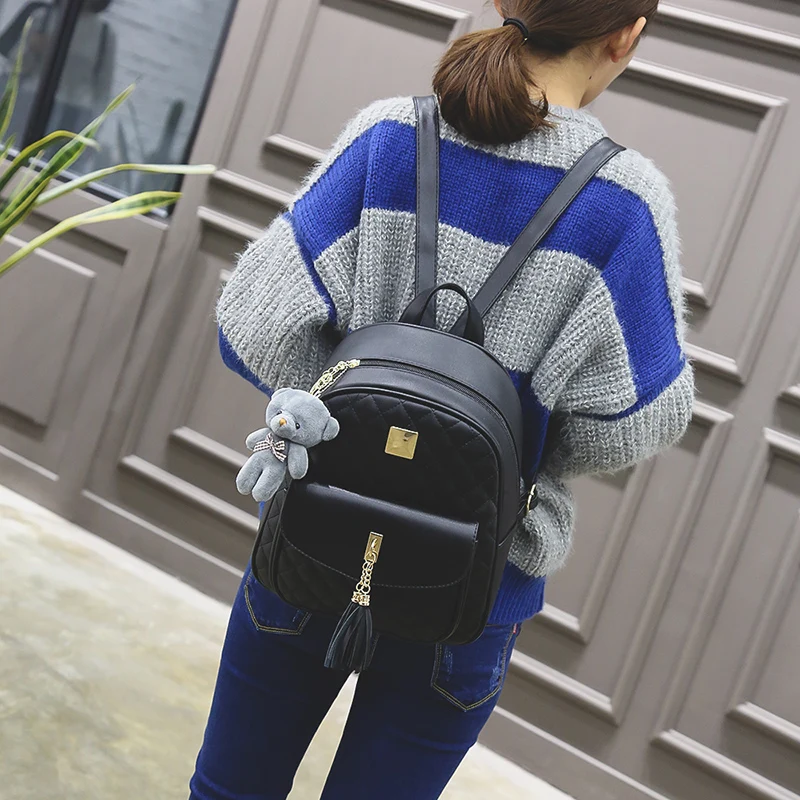 2018 New Shoulder Bags 3 Pcs Bear Tassel Backpack Women Bag Diamond Lattice School Bags for Girls Backpacks for Women  Sac A Dos (42)