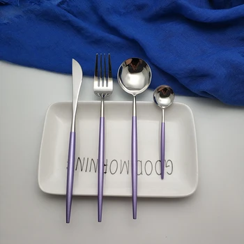

Hot Sale 4 pieces Mirror light Portuguese purple and silver Dinnerware 304 Stainless Steel Cutlery Kitchen Food Tableware Set