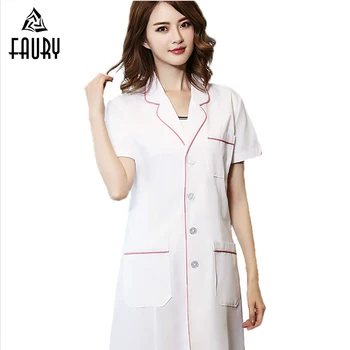 

Suit Collar Short Sleeve Long Coat for Nurse Doctor Workwear Medical Uniforms Hospital Pharmacy Beauty Salon Overalls Lab Coats