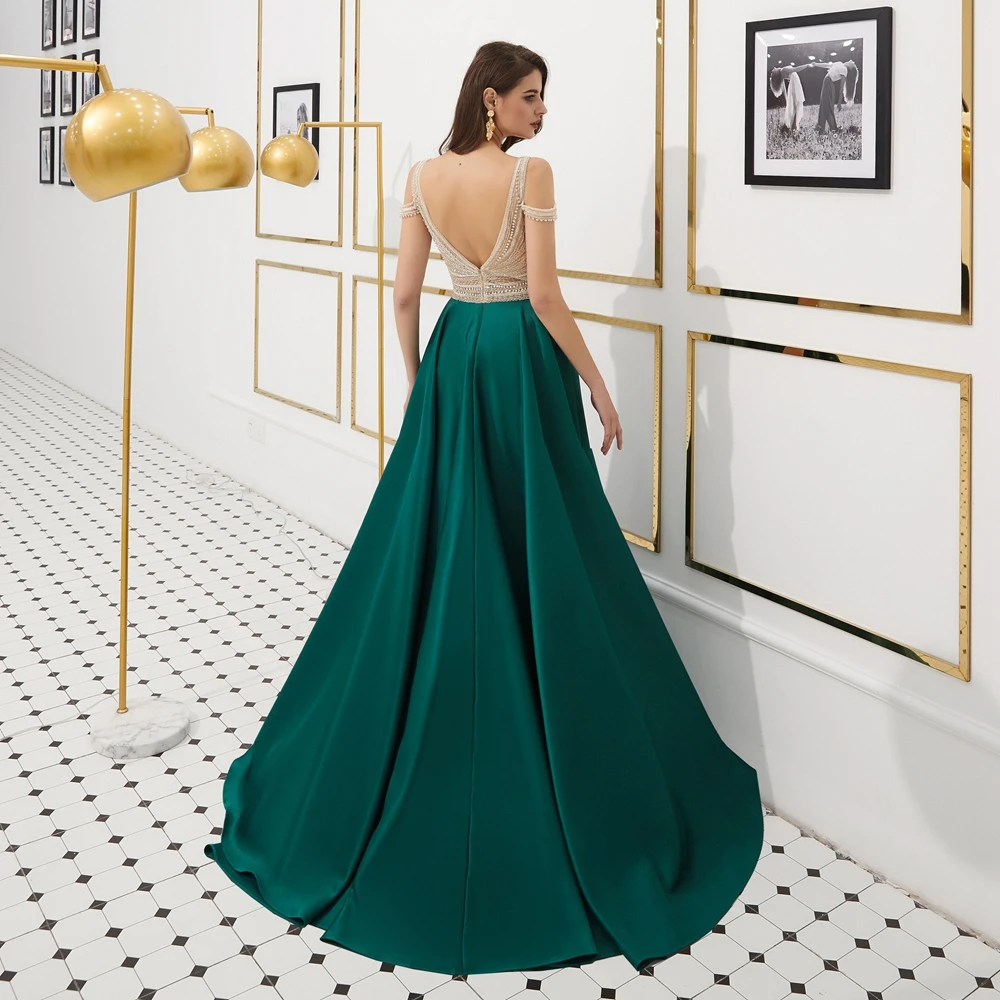 Evening Dresses Long Formal Wear 2019 Women Prom Gowns Beading Crystal Champagne Green Satin A Line V Neck Backless Party Luxury Evening Dresses Long Formal Wear 2019 Women Prom Gowns Beading Crystal Champagne Green Satin A Line V Neck Backless Party Luxury