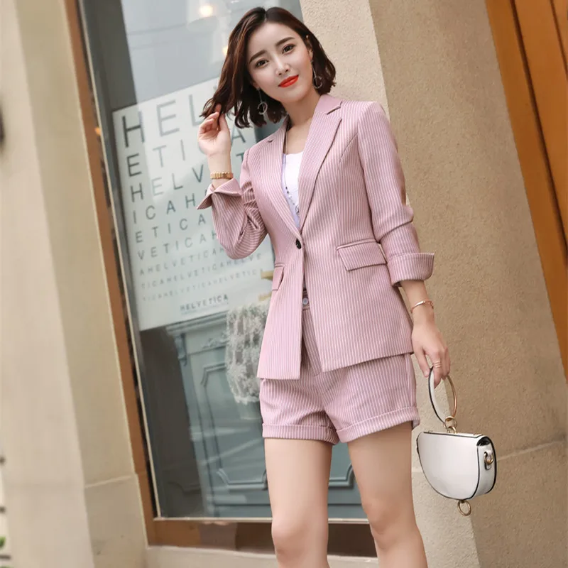 

IZICFLY Spring Summer Pink Striped Business Short women suits Work With Elegant Business 2 Piece Short blazer set Office Wear