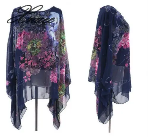 

Women Casual Batwing Sleeve Chiffon One size Shirt Floral Summer Boho Loose Women Tee