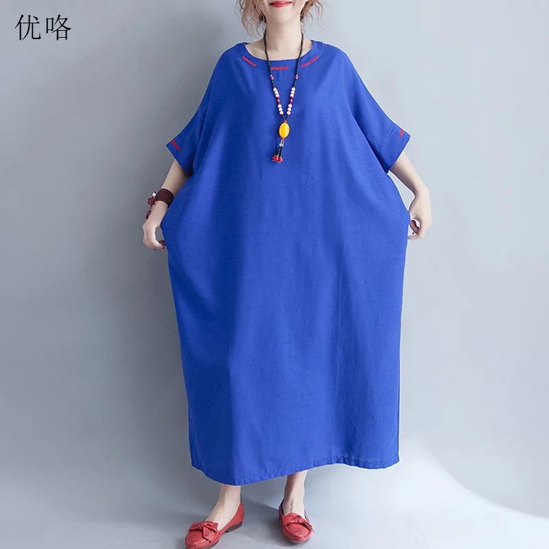 

2019 Summer Cotton Linen Women Maxi Dress Plus Size Elegant Embroidery Batwing Dress Big Casual Loose Long Dress 4XL 5XL 6XL 7XL