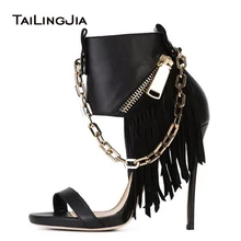 Black Open Toe High Heel Sandals with Gold Chain Women Sexy Fringe Heels Ladies Heeled Summer Ankle Boots Prom Party Shoes 2019 hot selling american and european sexy black leather sandals peep toe chain fringe amazing party dress shoes