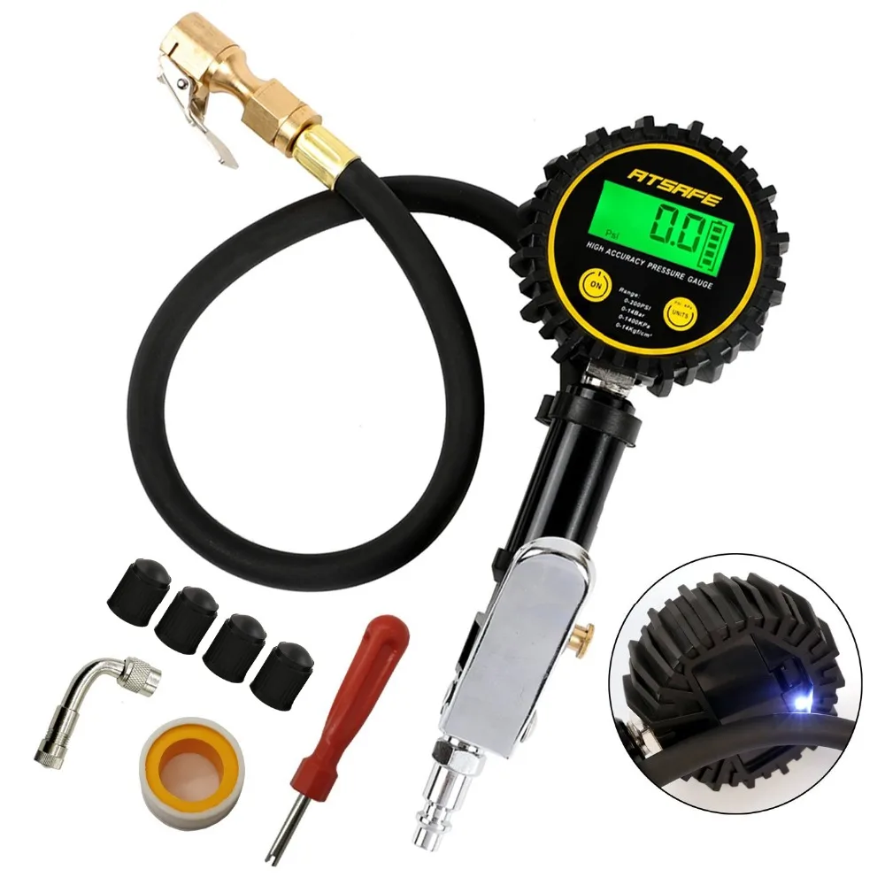

Heavy Duty Digital Car Tire Inflator Pressure Gauge with Light Air Chuck Valve Extender,Caps,Quick Connector,Tape,All Vehicles