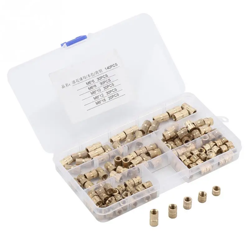 140Pcs/Set M6 Brass Nuts Cylinder Knurled Nut Threaded Round Insert