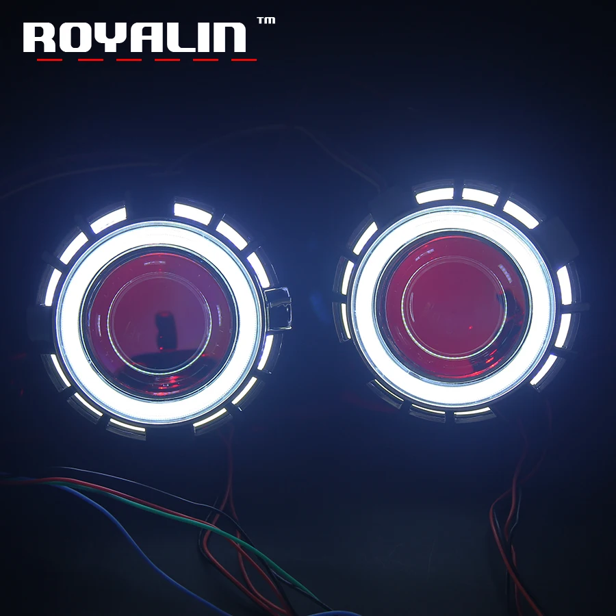 ROYALIN Car Motorcycle Double LED Angel Devil Eyes Headlights Lens Bi Xenon H1 H4 H7 Square