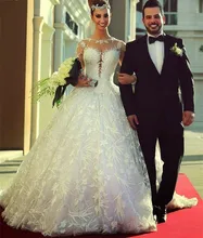Customized New Cheap Princess Wedding Dress 2016 Long Sleeve Sheer Lace Ball Gown Bridal Dress Vestido de noiva TH800