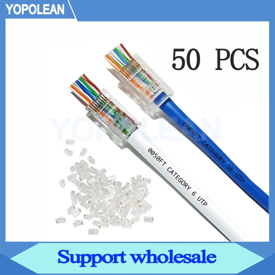 

50 PCS RJ45 Network Modular Plug 8P8C CAT5e CAT6 Cable Connector End Pass Through