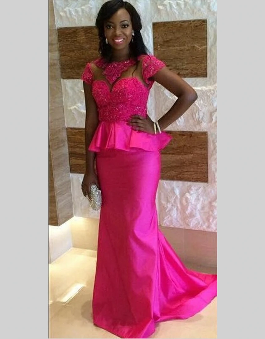 2 Two Piece Long Lace Mermaid Evening Dresses 2015 High Neck with Sleeves Formal Dresses Fuchsia Satin Women Evening Gowns