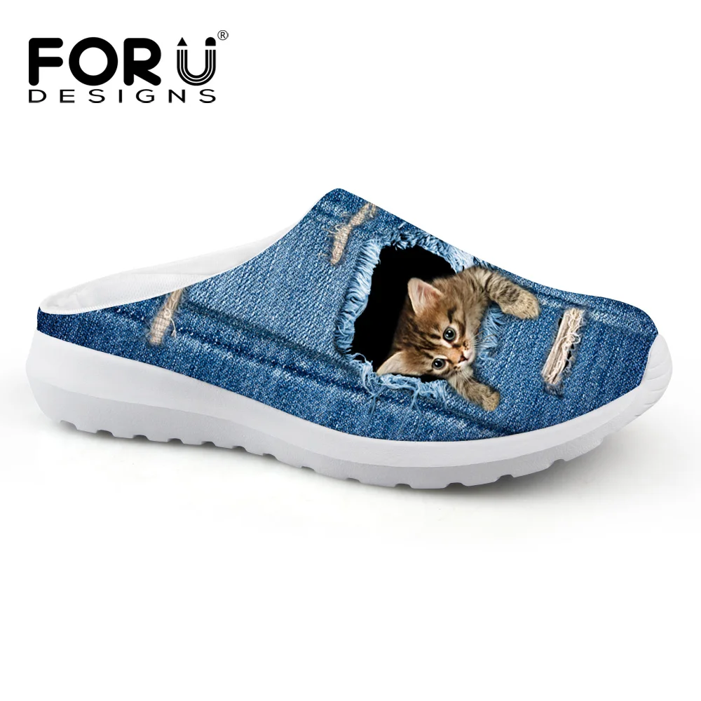 

FORUDESIGNS 2017 Fashion Women Summer Slip-on Sandals Cute Animal Cat Dog Blue Denim Printed Woman Beach Shoes Ladies Sandals