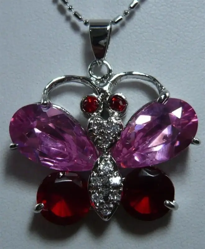 

0002497 18K GP New Fashion Red Pink Crystal Butterfly Pendant Free Necklace 17'' (A0516)
