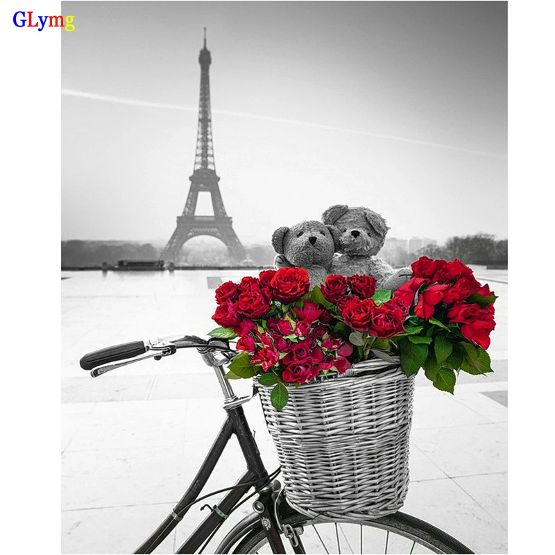 

GLymg Diy Diamond Painting Tower Bicycle Flowers Romantic Scenery Diamond Embroidery Full Square Mosaic Decor Picture