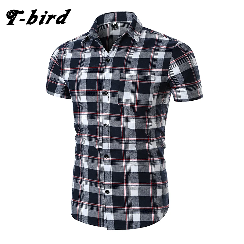 T bird 2018 Новый Для мужчин Мужская классическая рубашка короткий рукав в клетку