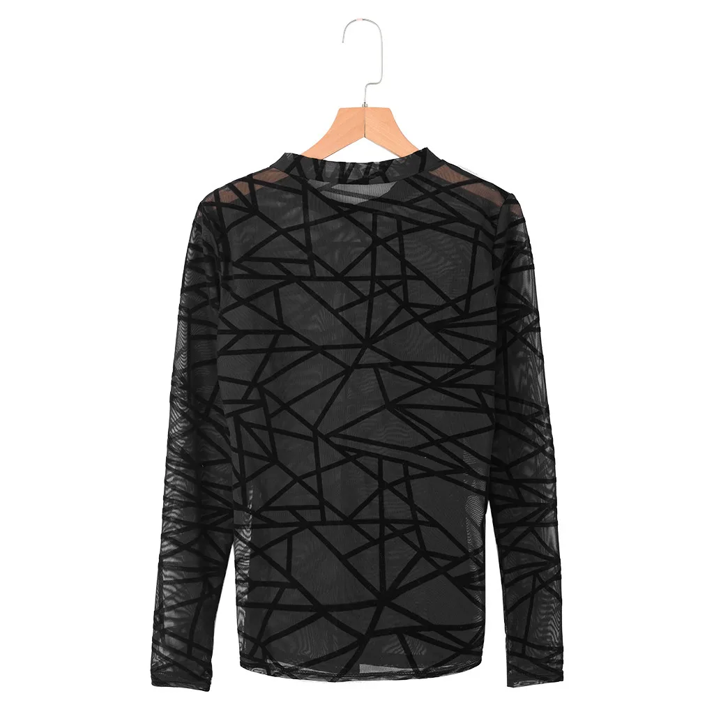 Women Sexy Mesh Net See Through T Shirt O-Neck Long Sleeve Hollow Transparent Undershirt Base Top 