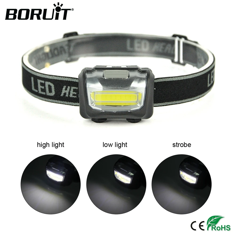 buy BORUiT 500lumens COB LED Mini Headlamp Rainproof Headlight Outdoor Camping Head Torch Lantern Use AAA Battery Flashlight