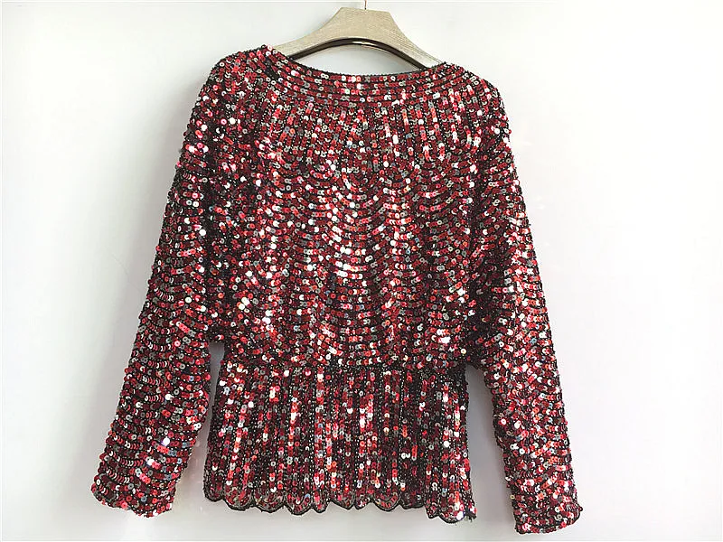 Colors Ruffles Sequined Beading Women Luxury  Fashion V-neck Batwing Sleeve Pullovers Blouse Top 15