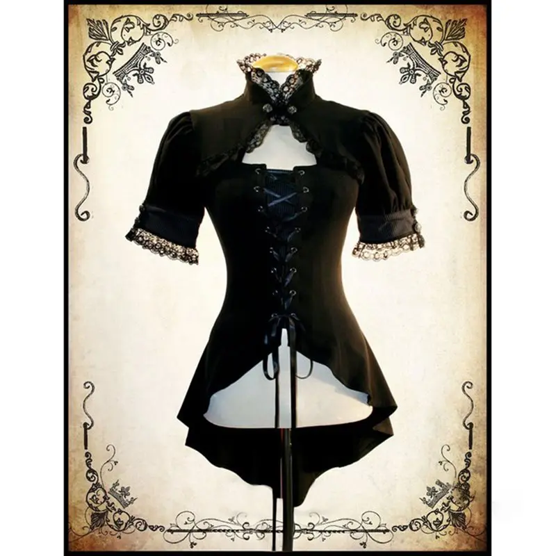 Средневековый Винтаж принцесса блузка для женщин Готическая Лолита Стиль костюмы больших размеров Летний Топ рюшами бинты Ретро черный блузки для малышек - Цвет: Черный