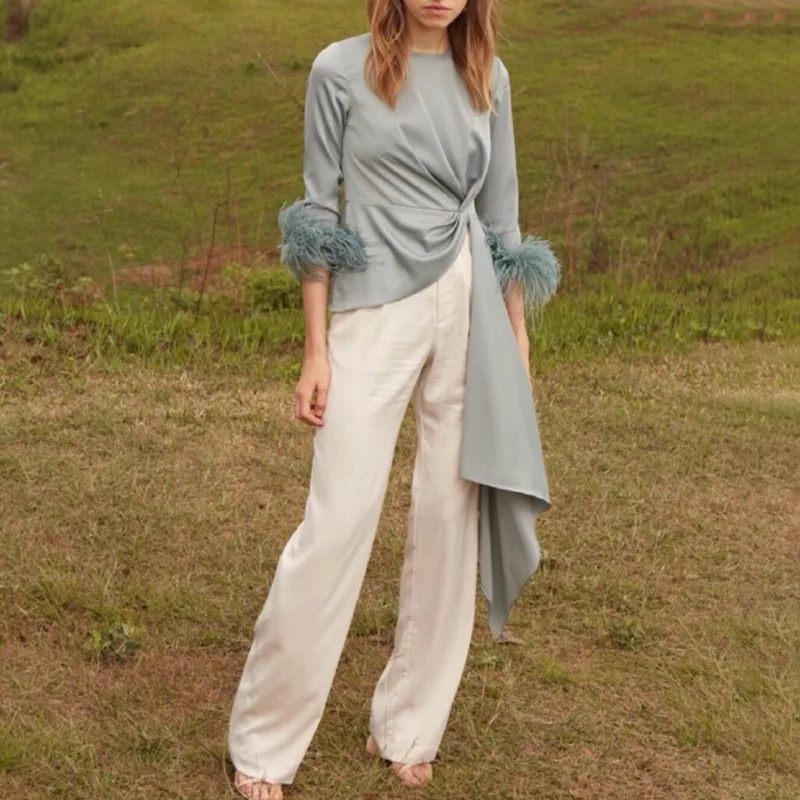 

Johnature 2019 Summer New Original Fashion Irregular Women Tops O-neck Half Sleeve Patchwork Feather Long Women T-Shirts