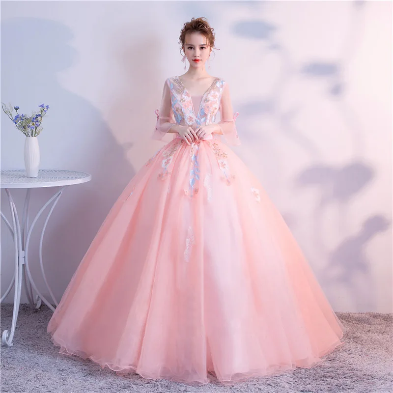 ruthshen Vestido Debutante 15 Anos Quinceanera Dresses V-neck Illusion Ball Gowns Appliques Half Sleeves Prom Gowns New Arrival