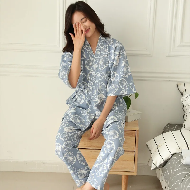 Plus Size Summer Retro Japanese Style Pajama Sets 100 Cotton Gauze Kimono Suit Loose Womens