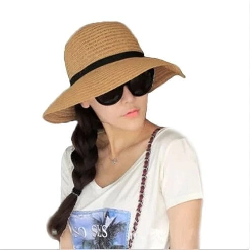 Floppy Foldable Ladies Women Straw Beach Sun Summer Hat Beige One Size Wide Brim (2)