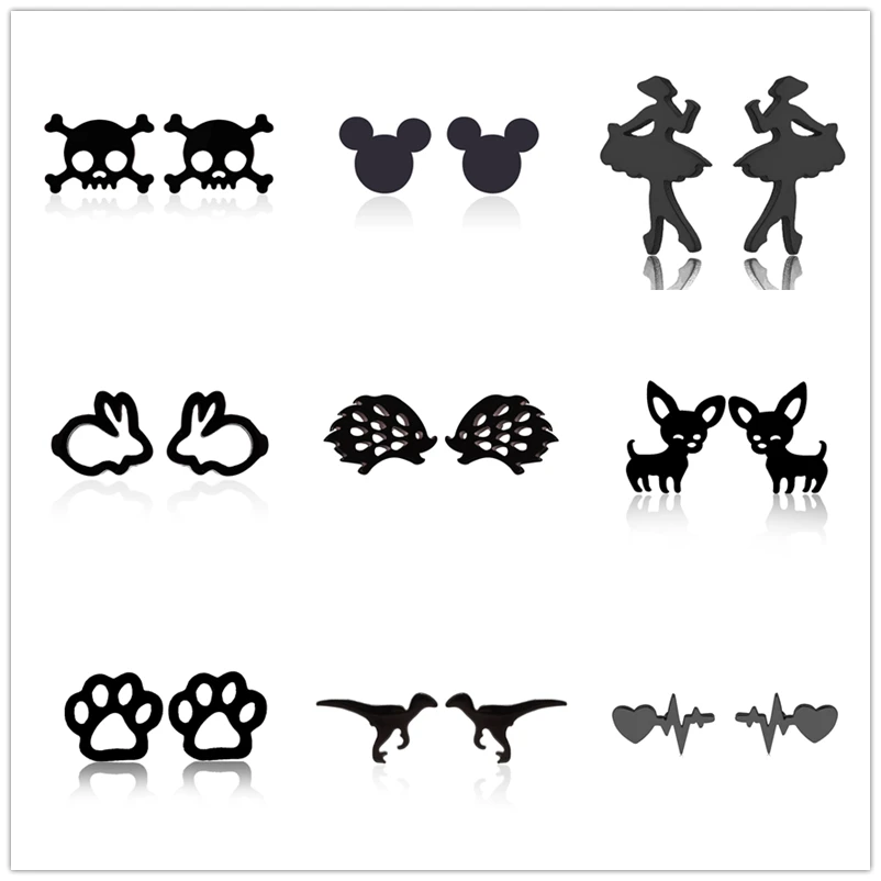 

Punk Black Color Ballet Stud Earrings Cute Dog Hedgehog Dinosaur Animal Earings Punk Steel Skull Jewelry for Men Women