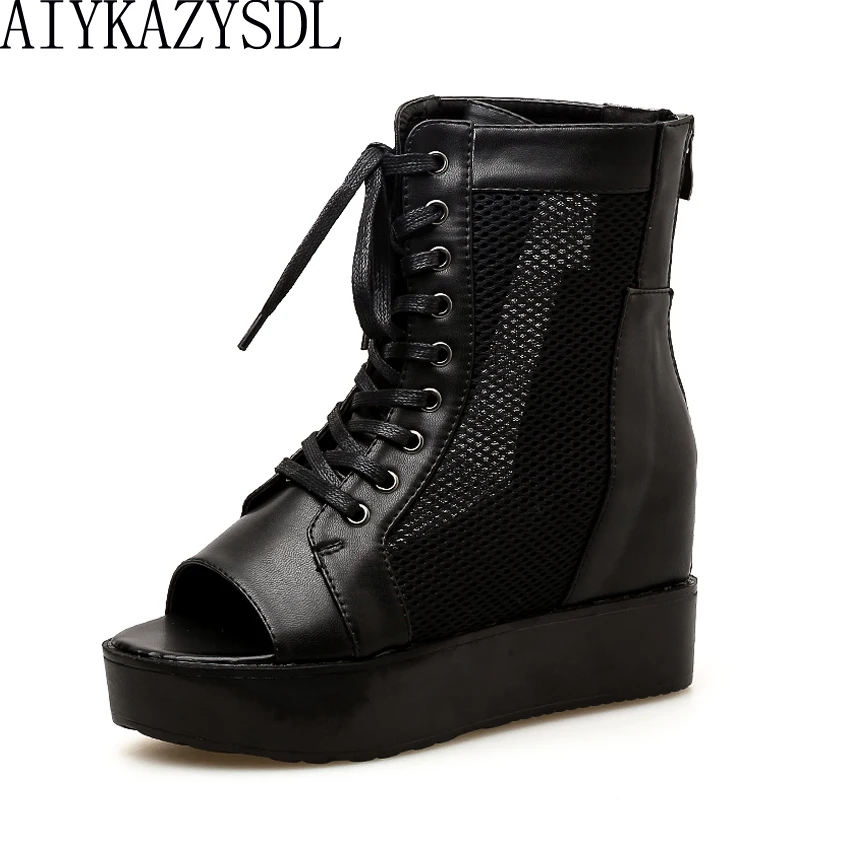 

AIYKAZYSDL 2018 Women Casual Shoes Open Peep Toe Boots Summer Rome Gladiator Lace Up Sandals Hidden Wedge Heels Platform Shoes