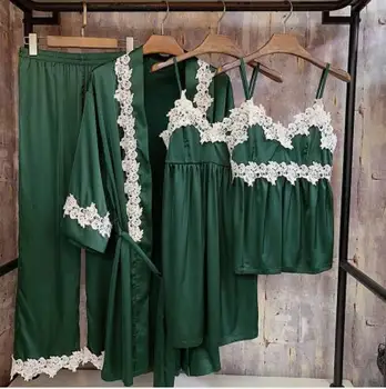 

Women's Spring Summer Milk Silk Pajamas Sexy Lace Robe Sling Shorts Set Four-piece Home Clothes Sleepwear Pyjamas
