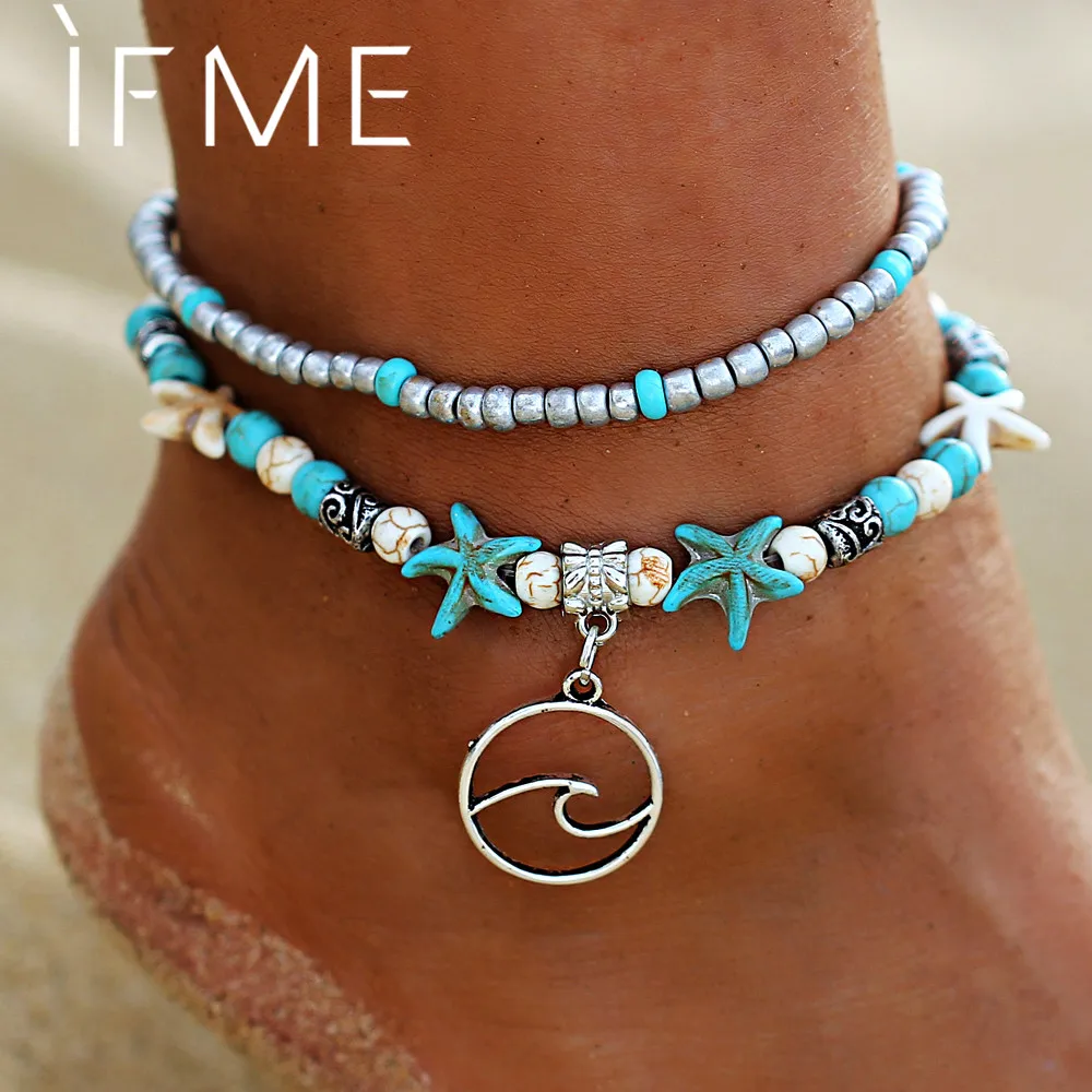 IF ME Bohemian Multiple Layers Starfish Wave Beads Anklets for Women