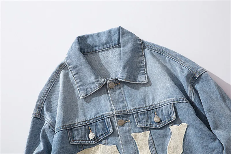 MORUANCLE Fashion Men Hi Street Denim Jackets Streetwear Jeans Trucker Jacket Outerwear Letter Printed Washed Blue Size M-XXL