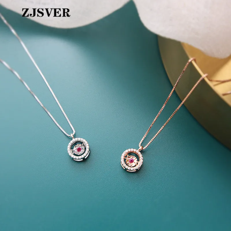 

ZJSVER Fine Jewelry 925 Sterling Silver Micro-inlay Crystal Red Zircon Round Pendant Champagne/Silver Box Chain Women Necklace