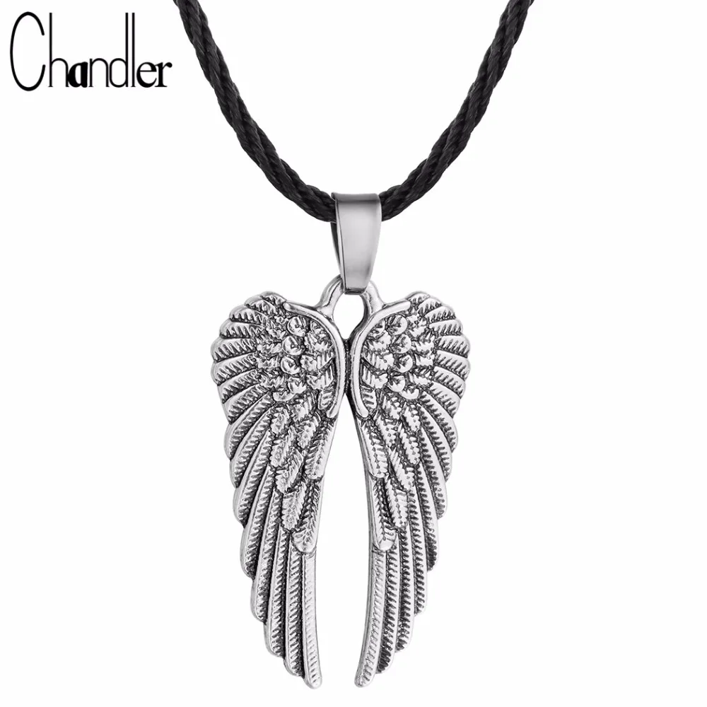Chandler Ancient Angel Wing Choker Necklaces Men Vintage Gothic Feather Pendants Antique Silver Tone Kolye Power Jewelry