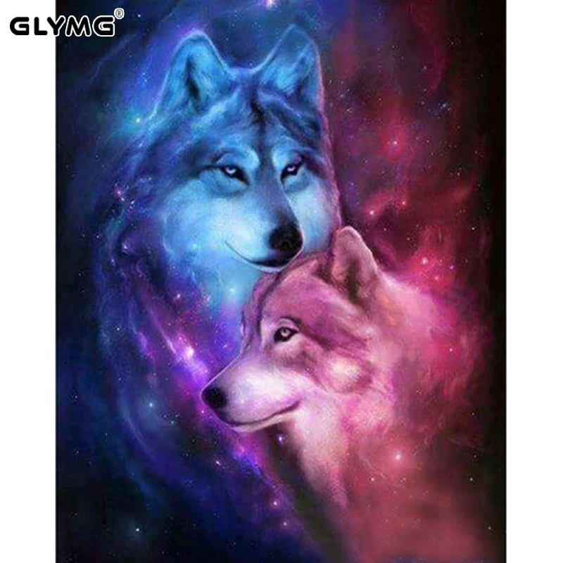 GLymg Diy Fantasy Colore Two Wolf Rhinestones Embroidery Animal Serie Diamond Painting Cross Drill Diamond Embroidery Home Decor