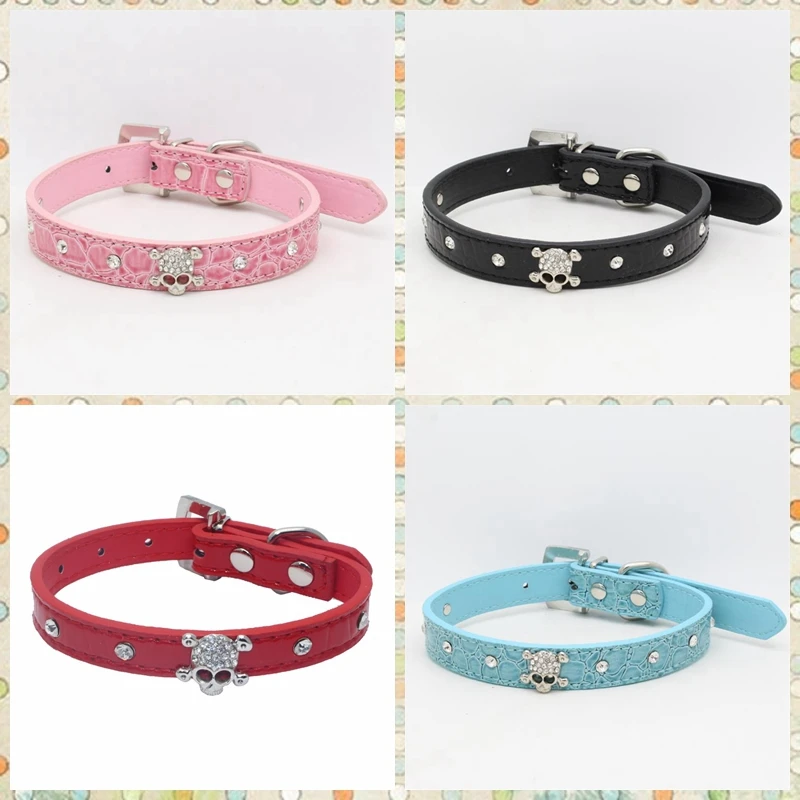 

Fashion Adjustable Crocodile Pattern Leather Puppy Crystal Rhinestone Skull Dog Collar Cat Neck Strap for Small/medium/large Pet