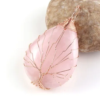 

Kraft-beads Rose Gold Color Tree Life Handmade Wire Wrapped Water Drop Natural Rose Pink Quartz Pendant Fashion Jewelry
