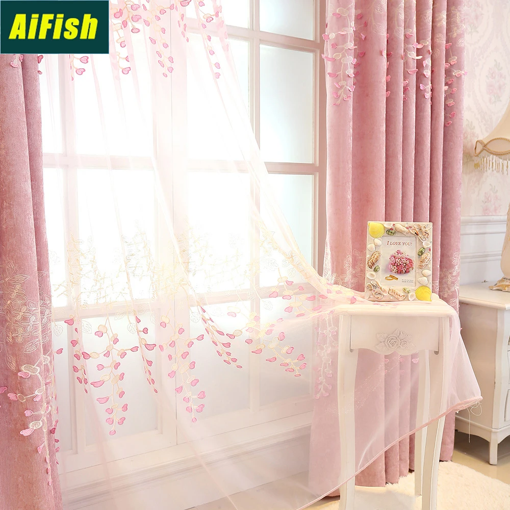 

Chenille Floral Embossed Pink Curtain Tulle for Bedroom Living Room Embroidery Blackout Curtain Drape Window Treatment wp189&3