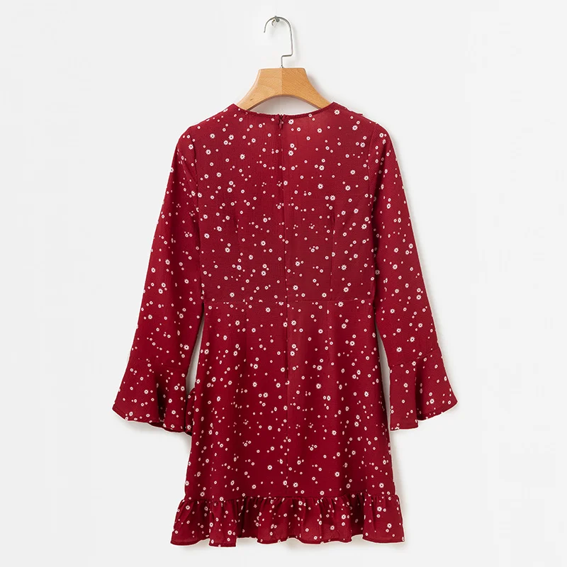 BONGOR LUSS Long Flare Sleeves Sexy Deep V Neck Ruffle Women Party Dresses Mini Dress Autumn Floral Print Chiffon Dress  (11)