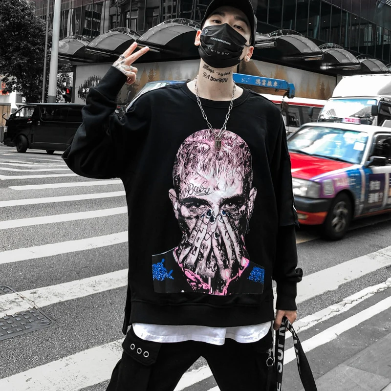

April MOMO 2019 Men Oversize Hip Pop Streetwear T Shirts Pullovers Male Casual Fashion Loose Style Long Sleeved O Neck T Shirts