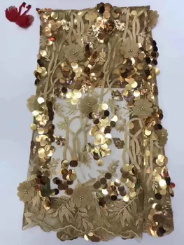 

2019 African Lace Fabric Gold High Quality Guipure With Sequins Net Nigerian Tulle Lace Fabrics For French Wedding Party Dress